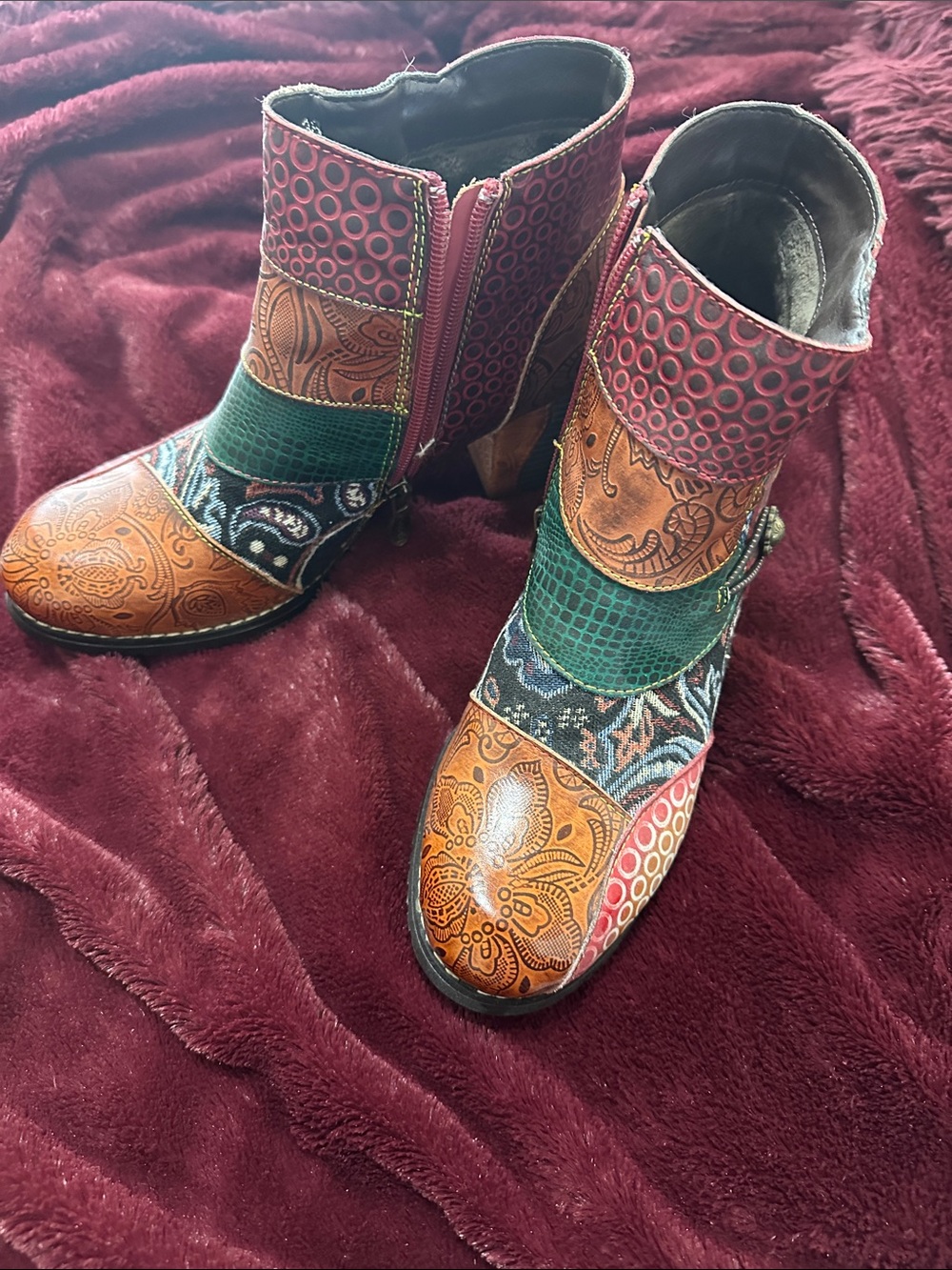 Mixed-Texture Patchwork Ankle Boots in Brown, Green & Pink